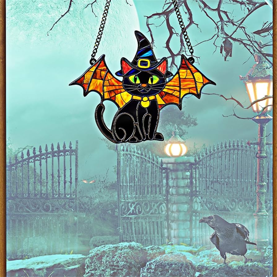 ハロウィンに　ステンドグラス　モビール(魔女、ガイコツ、黒猫) Amazon.co.jp: ハロウィン 黒猫 ステンド アクリル ウィンドウ